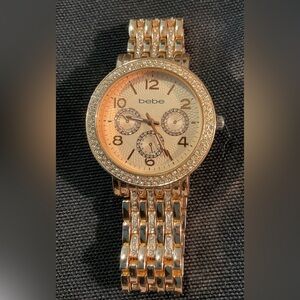 bebe Rose Gold Crystal Accent Link Bracelet Watch. New Battery.